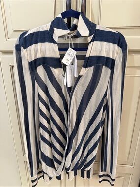 Derek Lam Navy and Cream Striped Button-Front Blouse